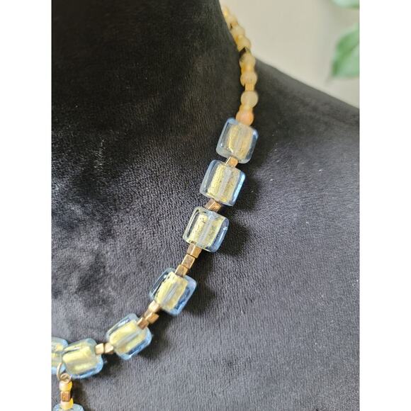 Women's Blue And Gold Glass Beaded Necklace With Barrel Screw Clasp Lock - Picture 4 of 6